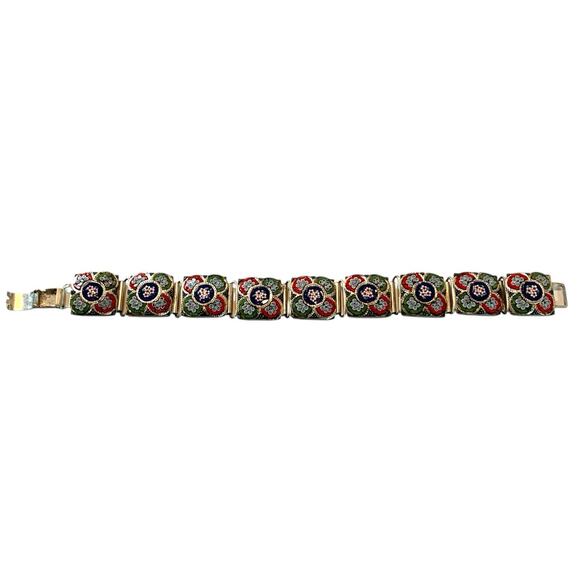 Vintage Italian Micro Mosaic Bracelet Floral Millefiori Glass Link Panel Jewelry - Picture 1 of 16